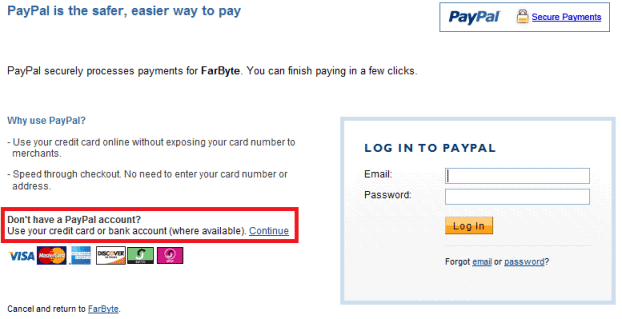 Pay with Paypal with or without account